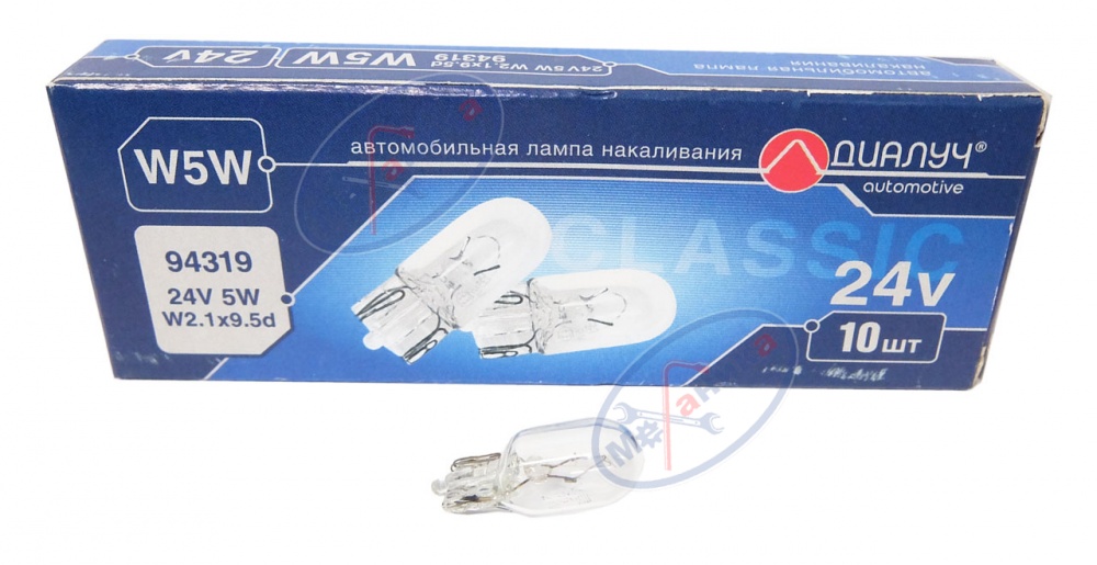 Лампа 24V5W (ДИАЛУЧ) (б/ц) W2.1x9.5d  (салон, габарит) 94319