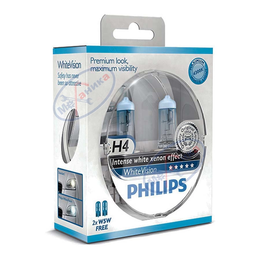 Лампа галог H4 12V60/55W (PHILIPS) WhiteVision к-т2шт 12342 WHVSM