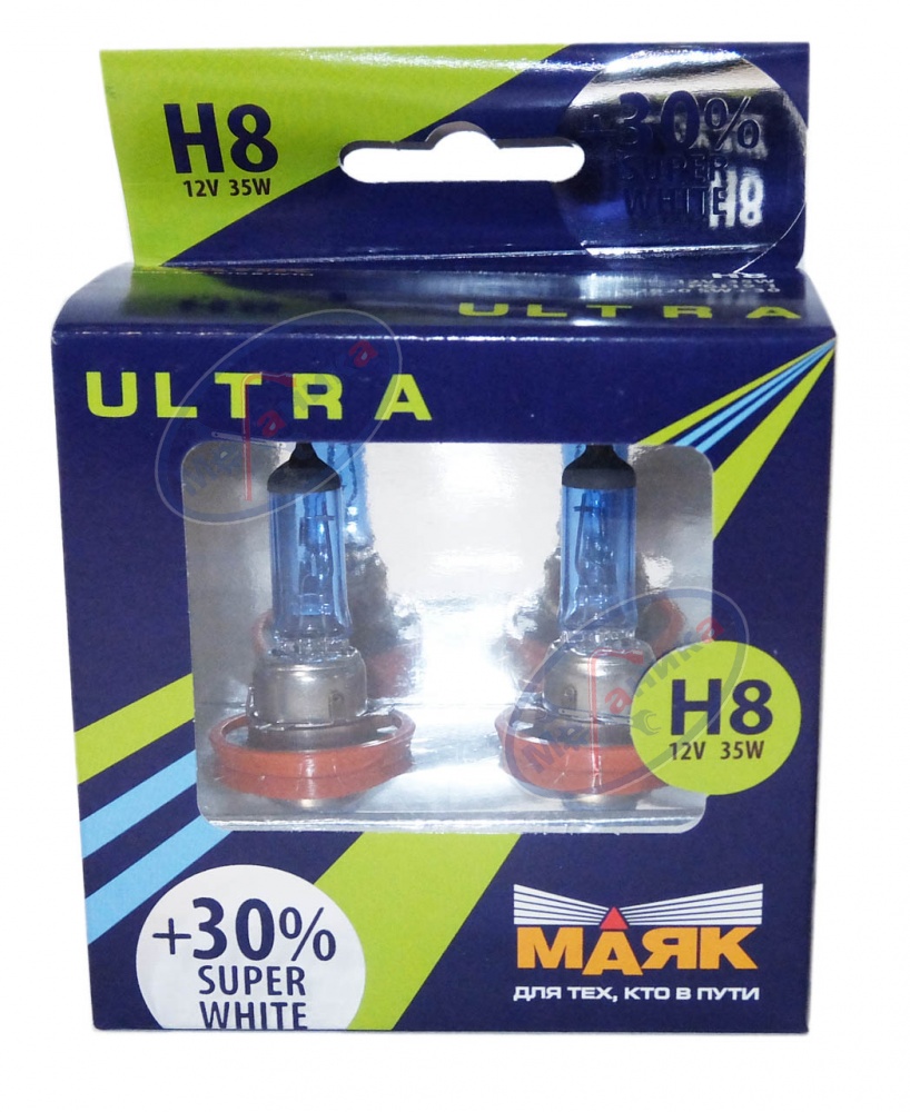 Лампа галог H8 12V35W+30% (Маяк) ULTRA Super White 82820SW+30