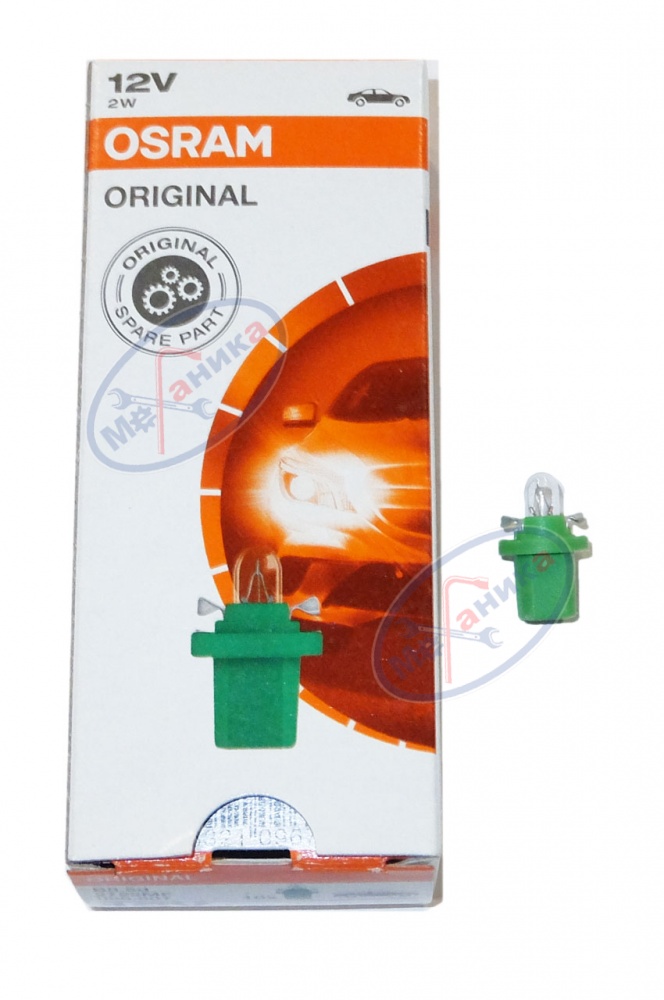Лампа 12V2W (Osram) с зеленым патроном (B8.5d) посветка приборов и выключ (Германия)