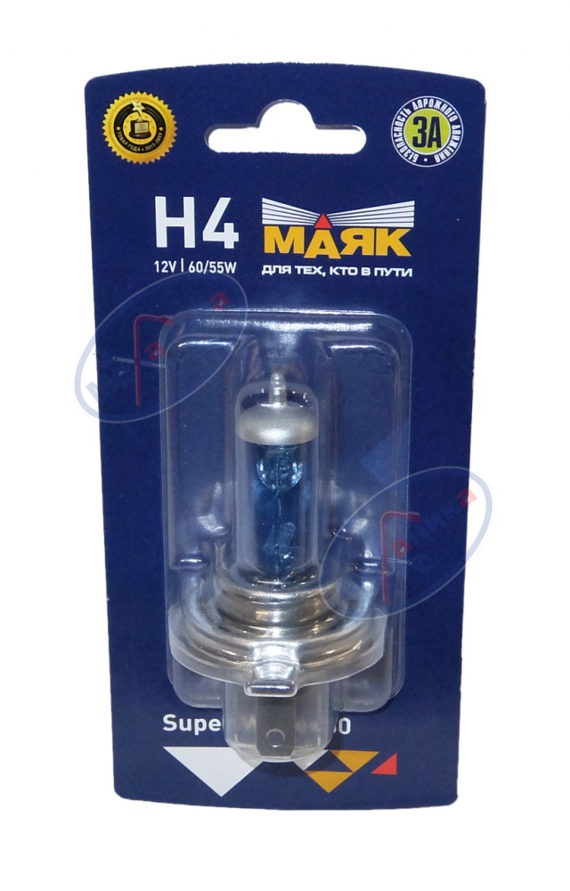 Лампа галог H4 12V60/55W+30% (Маяк) Super White блистер 52420SW/BL