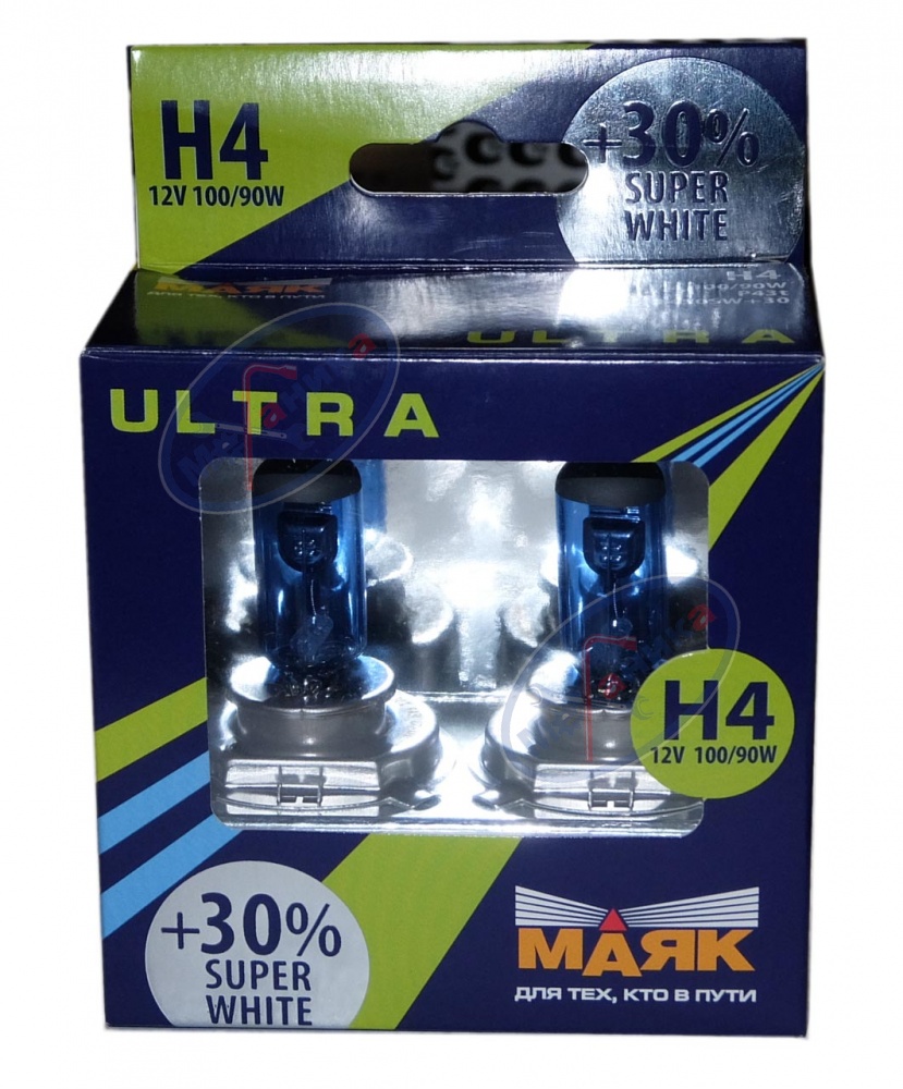 Лампа галог H4 12V100/90W+30% (Маяк) ULTRA Super White к-т2шт 