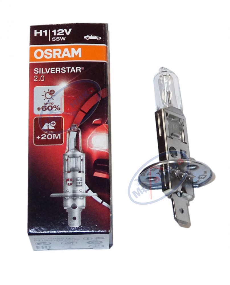 Лампа галог H1 12V55W+60% (Osram) SILVERSTAR 2.0 64150SV2 P14.5s  2шт