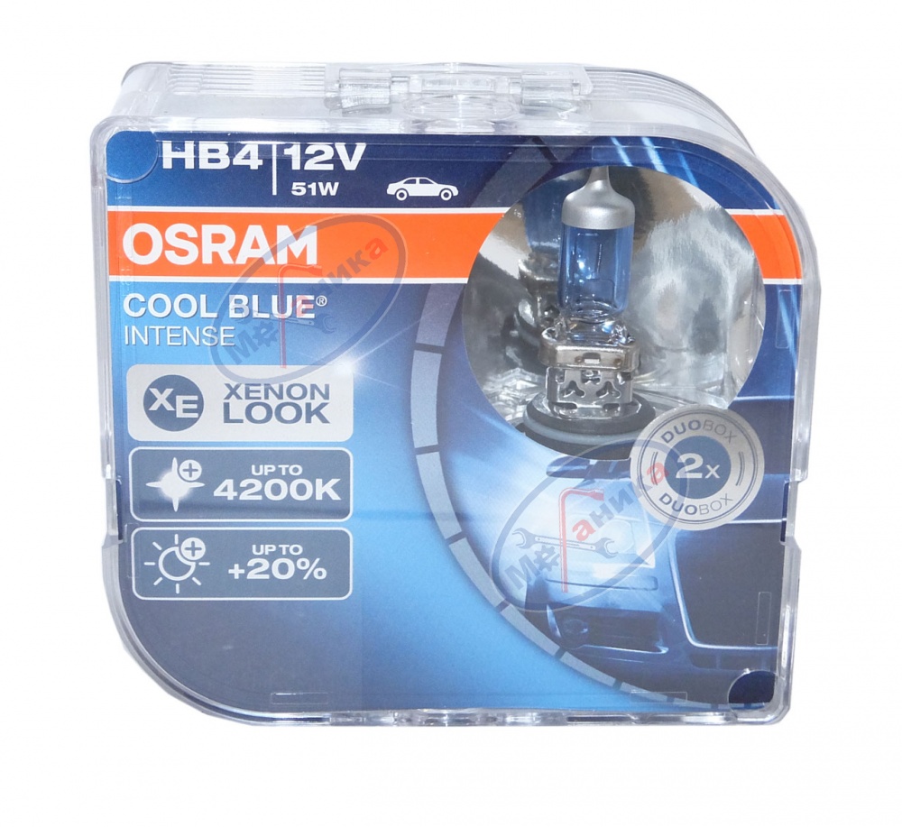 Лампа галог HB4 12V55W+20%  (Osram) 4200K COOL BLUE INTENSE евробокс, 2шт белая P22d